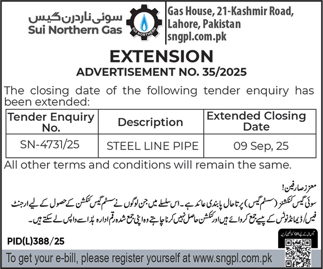 Sui Northern Gas Company Limited Lahore Tender Notice